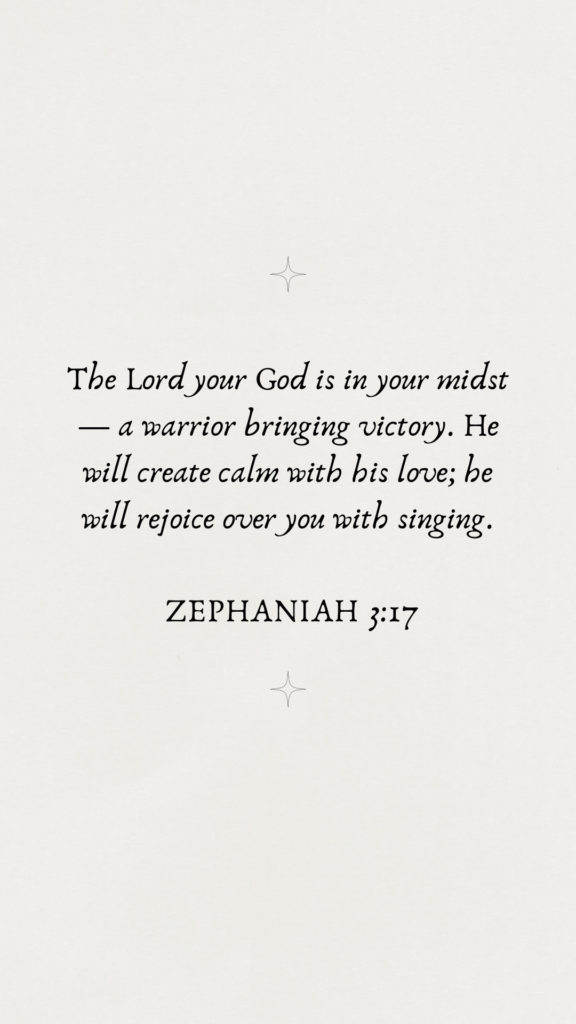 Bible verse Zephaniah 3:17 over plain grey background